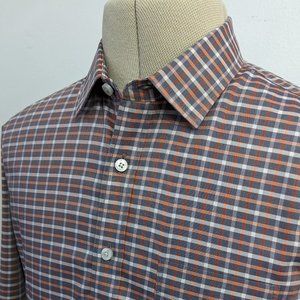 Untuckit Wrinkle Free Shirt Men's Slim Medium Long Sleeve Orange & Gray Plaid